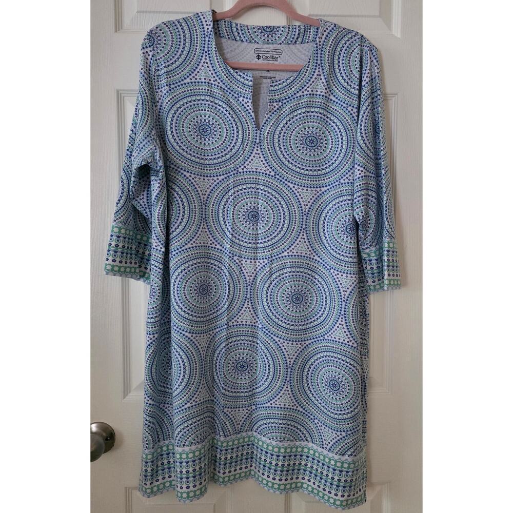 Coolibar Oceanside Tunic Dress Blue & White 3/4 Sleeve Size XL